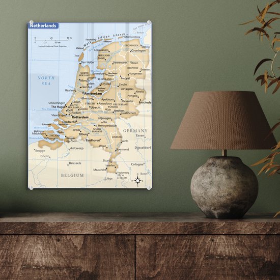 MuchoWow® Glasschilderij 30x40 cm - Schilderij acrylglas - Bruine kaart van Nederland - Foto op glas - Schilderijen