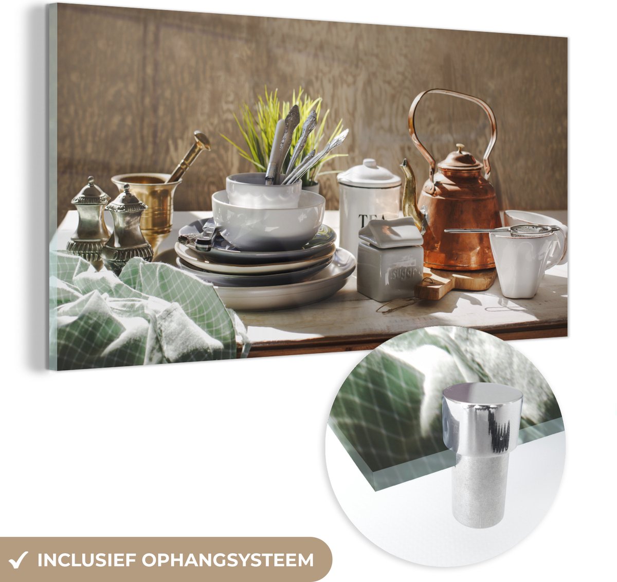 MuchoWow® Glasschilderij 120x60 cm - Schilderij acrylglas - Kookgerei - Thee - Keuken - Fo