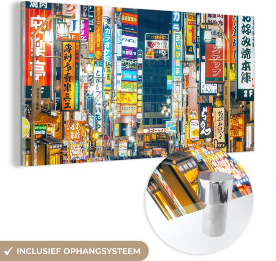 MuchoWow® Glasschilderij 80x40 cm - Schilderij acrylglas - Verlichte neonreclames in Shinjuku, Tokio, Japan - Foto op glas - Schilderijen