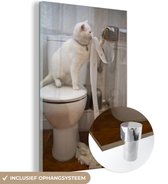 MuchoWow® Glasschilderij 120x180 cm - Schilderij acrylglas - Spelende kat met wc-papier - Foto op glas - Schilderijen