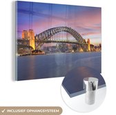 MuchoWow® Glasschilderij 30x20 cm - Schilderij acrylglas - Zonsopgang bij de Sydney Harbour Bridge, Australië - Foto op glas - Schilderijen