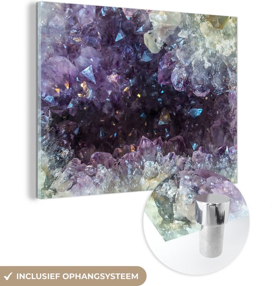 MuchoWow® Glasschilderij 40x30 cm - Schilderij acrylglas - Steen met amethist edelsteen - Foto op glas - Schilderijen