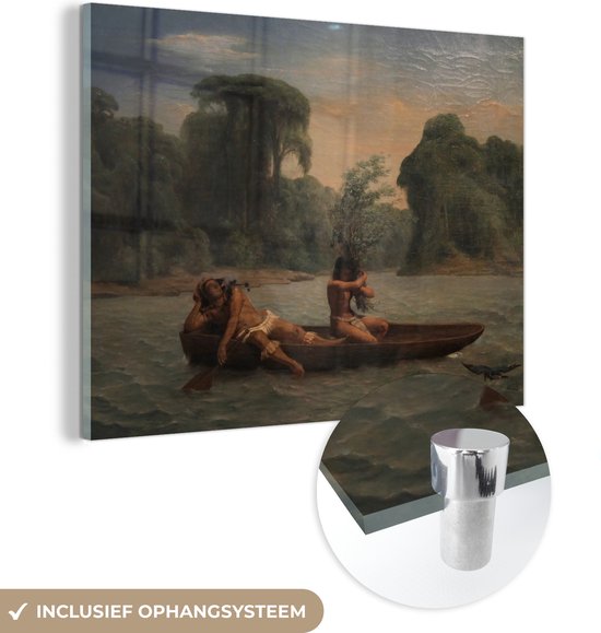 MuchoWow® Glasschilderij 120x90 cm - Schilderij acrylglas - Two Indians in a Dugout Canoe - Schilderij van François-Auguste Biard - Foto op glas - Schilderijen