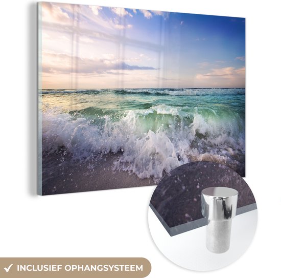 MuchoWow® Glasschilderij 120x80 cm - Schilderij acrylglas - Zonsopgang aan de Golf van Mexico met golven van de zee - Foto op glas - Schilderijen