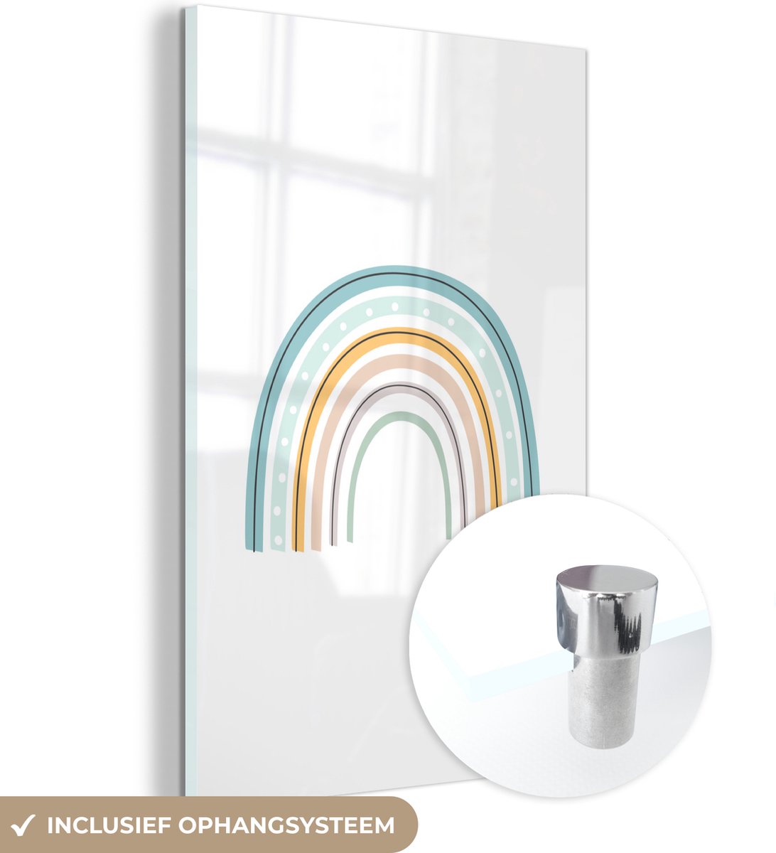 ® Glasschilderij 20x30 cm - Schilderij acrylglas - Kinderillustratie met een regenboog tegen een witte achtergrond - Kids - Kind - Baby - Foto op glas - Muurdecoratie woonkamer - Wanddecoratie slaapkamer - Schilderijen