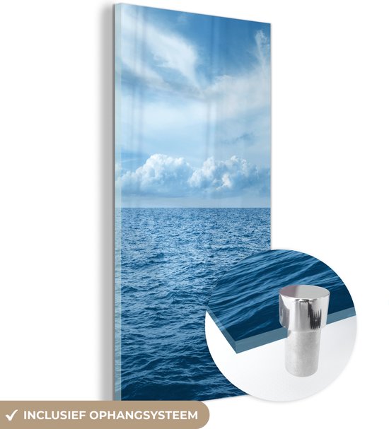 MuchoWow® Glasschilderij 40x80 cm - Schilderij acrylglas - Uitzicht over de blauwe golven op zee - Foto op glas - Schilderijen