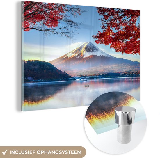 MuchoWow® Glasschilderij 90x60 cm - Schilderij acrylglas - Berg Fuji aan meer in de herfst op Honshu - Foto op glas - Schilderijen