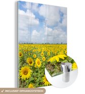 MuchoWow® Glasschilderij 30x40 cm - Schilderij acrylglas - Zonnebloemen - Bloemen - Wolken - Natuur - Geel - Landschap - Foto op glas - Schilderijen