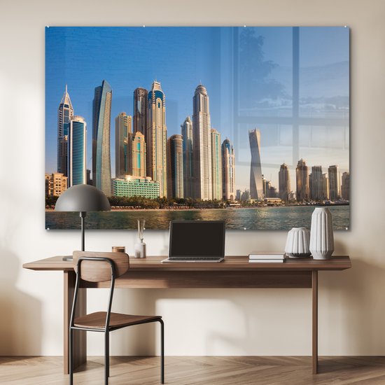 MuchoWow® Peinture sur verre - L' Skyline de la marina de Dubaï depuis la mer - 150x100 cm - Peintures sur verre acrylique - Photo sur Glas