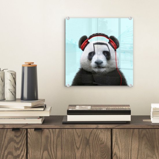MuchoWow® Peinture sur verre 20x20 cm - Peinture sur verre acrylique - Panda - Casque - Animal - Notes de musique - Rouge - Photo sur verre - Peintures