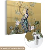 Glasschilderij - Pauw - Bloemen - Goud - Pauwenveren - Luxe - Afbeelding op glas - 160x120 cm - Muurdecoratie - Foto op glas