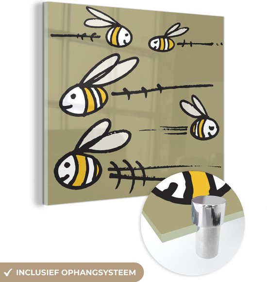 Vijf bijen beige achtergrond plexiglas - Foto print op Glas (Plexiglas wanddecoratie)