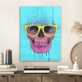 MuchoWow® Glasschilderij 30x40 cm - Schilderij acrylglas - Schedel - Bril - Blauw - Roze - Doodskop - Foto op glas - Schilderijen