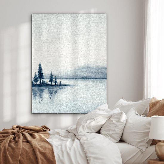 MuchoWow® Peinture sur verre 90x120 cm - Peinture sur verre acrylique - Une illustration d'un lac dans la brume - Photo sur verre - Peintures
