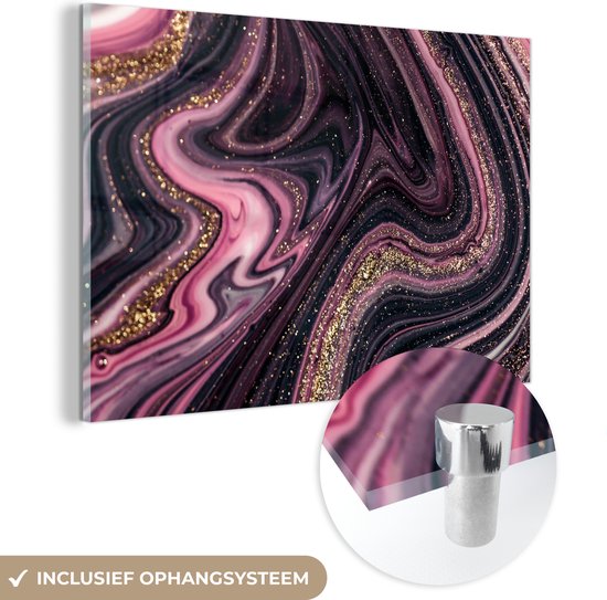 MuchoWow® Peinture sur verre 60x40 cm - Peinture sur verre acrylique - Aspect marbre - Rose - Violet - Or - Luxe - Marbre - Photo sur verre - Peintures