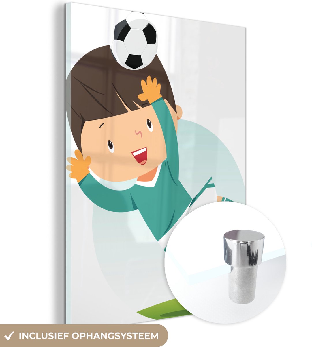 ® Glasschilderij 90x120 cm - Schilderij acrylglas - Een illustratie van een kind aan het voetballen - Kids - Baby - Jongens - Meisjes - Foto op glas - Muurdecoratie woonkamer - Wanddecoratie slaapkamer - Schilderijen
