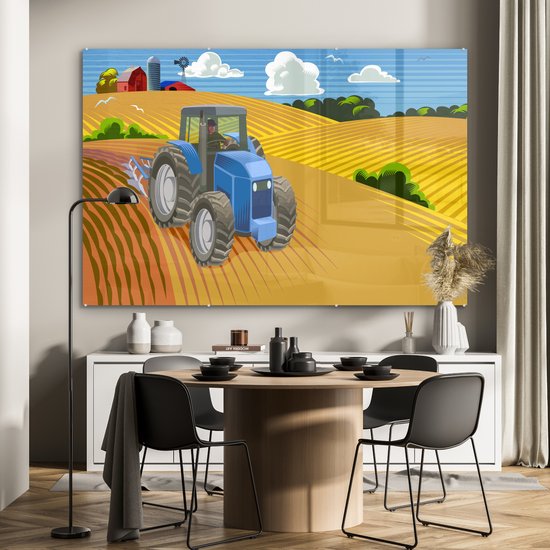 MuchoWow® Glasschilderij 150x100 cm - Schilderij acrylglas - Trekker - Boer - Wolken - Foto op glas - Schilderijen