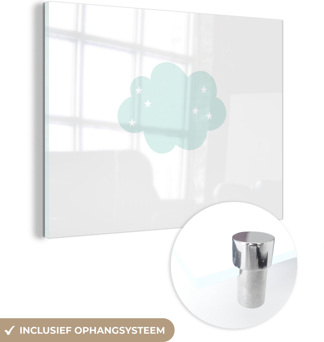 ® Glasschilderij 80x60 cm - Schilderij acrylglas - Wolk - Sterretjes - Pastel - Kinderen - Baby - Foto op glas - Muurdecoratie woonkamer - Wanddecoratie slaapkamer - Schilderijen