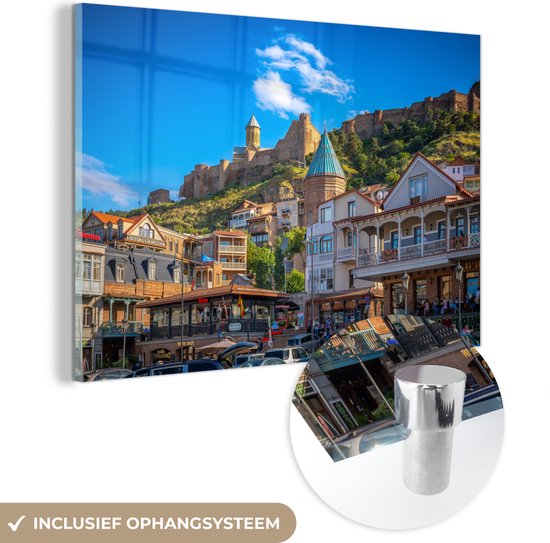 MuchoWow® Glasschilderij 150x100 cm - Schilderij acrylglas - Panoramisch uitzicht op de oude stad van Tbilisi in Georgië - Foto op glas - Schilderijen