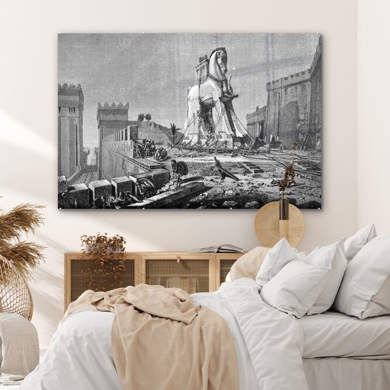 MuchoWow® Peinture sur verre 150x100 cm - Peinture sur verre acrylique - Une illustration antique en noir et blanc du cheval de Troie - Photo sur verre - Peintures