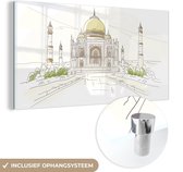 MuchoWow® Glasschilderij 120x60 cm - Schilderij acrylglas - Illustratie van de voorkant van Taj Mahal in India - Foto op glas - Schilderijen