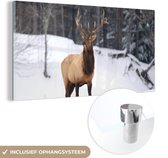MuchoWow® Glasschilderij 120x60 cm - Schilderij acrylglas - Hert - Sneeuw - Winter - Foto op glas - Schilderijen