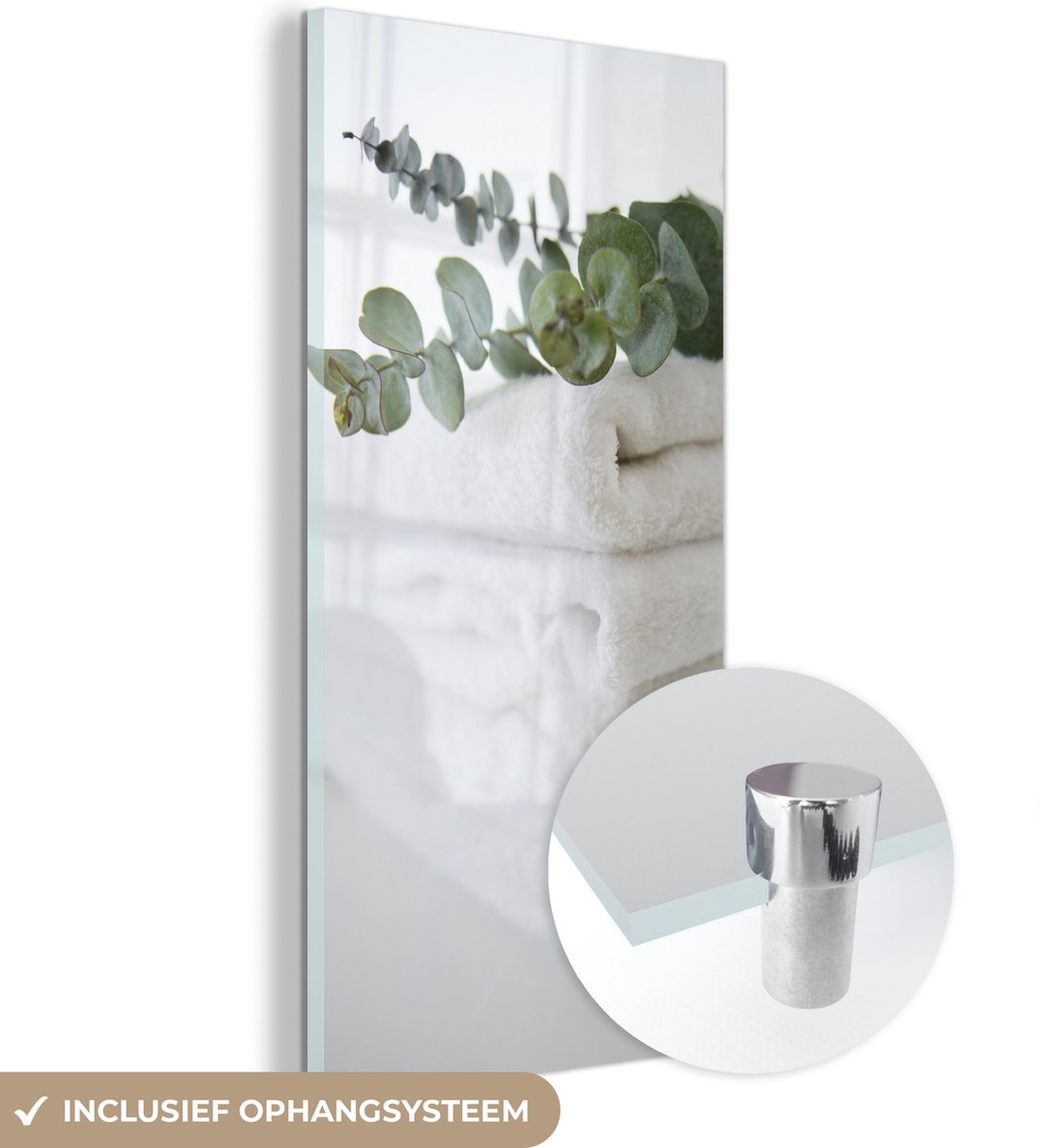 ® Glasschilderij 40x80 cm - Schilderij acrylglas - Eucalyptusbladeren op witte handdoeken 