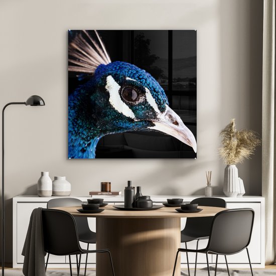 ® Glasschilderij 90x90 cm - Schilderij acrylglas - Pauw - Dier - Blauw - Foto op glas - Muurdecoratie woonkamer - Wanddecoratie slaapkamer - Schilderijen