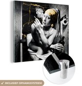MuchoWow® Glasschilderij 90x90 cm - Schilderij acrylglas - Marmerlook - Meisje met de parel - Sigaretten - Toilet - Goud - Kunst - Oude meesters - Foto op glas - Schilderijen