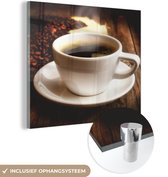 MuchoWow® Glasschilderij 20x20 cm - Schilderij acrylglas - Een hete kop koffie met koffiebonen - Foto op glas - Schilderijen