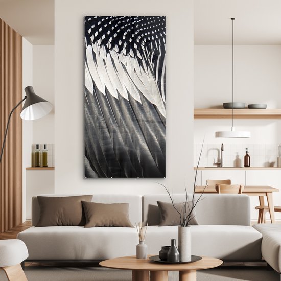 MuchoWow® Peinture sur verre 80x160 cm - Peinture sur verre acrylique - Structures de plumes noires - Photo sur verre - Peintures