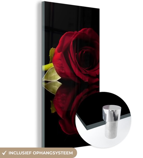 ® Glasschilderij 60x120 cm - Schilderij acrylglas - Rozen - Zwart - Rood - Foto op glas - Muurdecoratie woonkamer - Wanddecoratie slaapkamer - Schilderijen