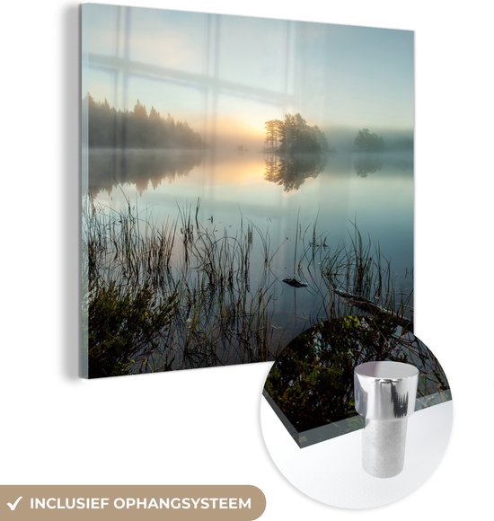 MuchoWow® Glasschilderij 90x90 cm - Schilderij acrylglas - Zonsopkomst bij het meer - Foto op glas - Schilderijen