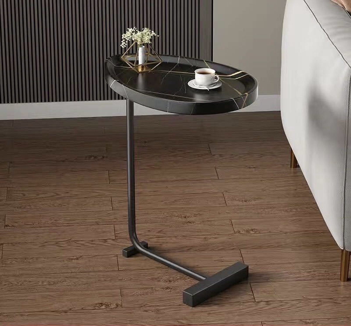 Lardic® Bijzettafel - Sidetable - Salontafel - Laptoptafel - Bedtafel - Bijzettafeltje rond - Zwart metaal met zwart marmerlook