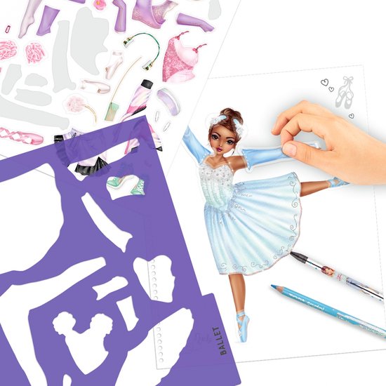 TOPModel Dance: gedetailleerde illustratie van een ballerina in blauw tutu, met een hand die een sticker plaatst, omringd door ballet accessoires en sjablonen.