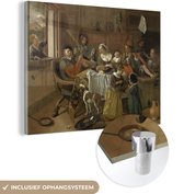 MuchoWow® Glasschilderij 80x60 cm - Schilderij acrylglas - Het vrolijke huisgezin - Jan Steen - Foto op glas - Schilderijen