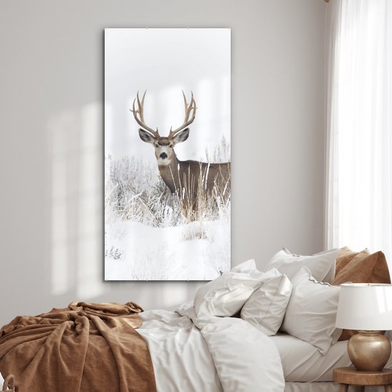 MuchoWow® Peinture sur verre 80x160 cm - Peinture sur verre acrylique - Cerf - Hiver - Neige - Animaux - Saisons - Wit - Photo sur verre - Peintures