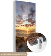 MuchoWow® Glasschilderij 20x40 cm - Schilderij acrylglas - Kleurrijke zonsondergang boven de kalme duinen - Foto op glas - Schilderijen