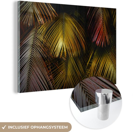 MuchoWow® Glasschilderij 90x60 cm - Schilderij acrylglas - Jungle - Bladeren - Goud - Foto op glas - Schilderijen