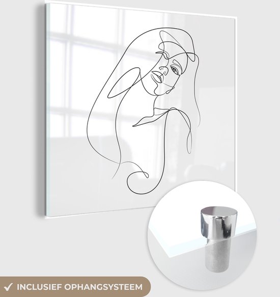 MuchoWow® Glasschilderij 50x50 cm - Schilderij acrylglas - Abstracte line art van een vrouw met lang haar op een witte achtergrond vierkant - Foto op glas - Schilderijen