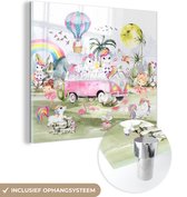 MuchoWow® Glasschilderij - Unicorn - Regenboog - Kinderen - Meiden - Auto - 90x90 cm - Acrylglas Schilderijen - Foto op Glas