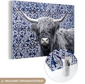 Peinture sur verre MuchoWow® 180x120 cm - Peinture acrylique sur verre - Highlander écossais - Bleu de Delft - Zwart - Wit - Photo sur verre - Peintures