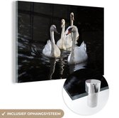 MuchoWow® Glasschilderij 120x80 cm - Schilderij acrylglas - Zwaan - Kuiken - Water - Foto op glas - Schilderijen
