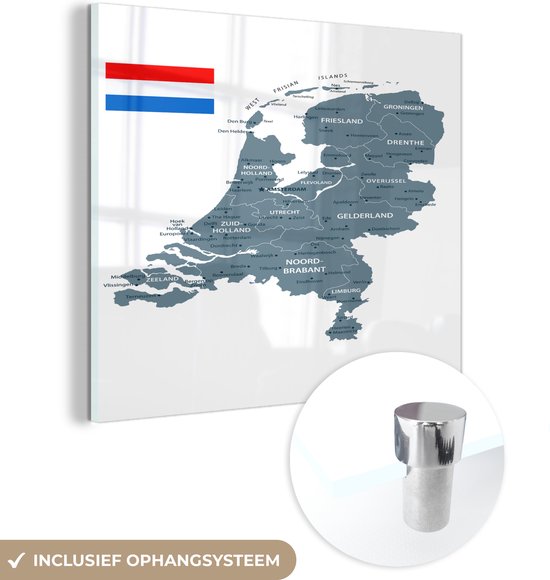 MuchoWow® Glasschilderij 90x90 cm - Schilderij acrylglas - Landkaart Nederland - Vlag - Wit - Foto op glas - Schilderijen