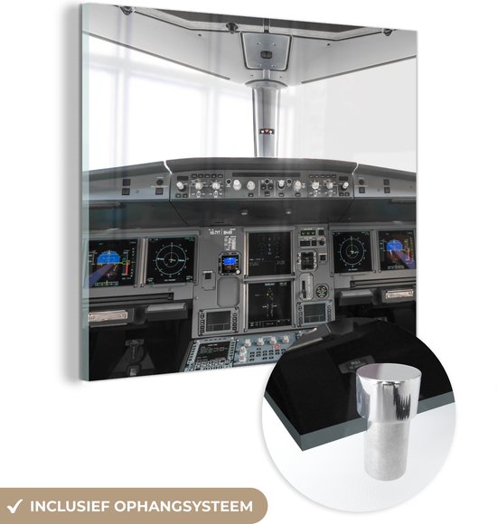 MuchoWow® Glasschilderij 20x20 cm - Schilderij acrylglas - Cockpit - Vliegtuig - Simulator - Foto op glas - Schilderijen