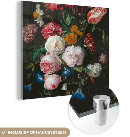 MuchoWow® Glasschilderij 90x90 cm - Schilderij acrylglas - Stilleven met bloemen in een glazen vaas - Schilderij van Jan Davidsz. de Heem - Foto op glas - Schilderijen