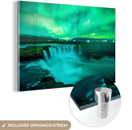MuchoWow® Glasschilderij 60x40 cm - Schilderij acrylglas - Waterval - IJsland - Noorderlicht - Foto op glas - Schilderijen