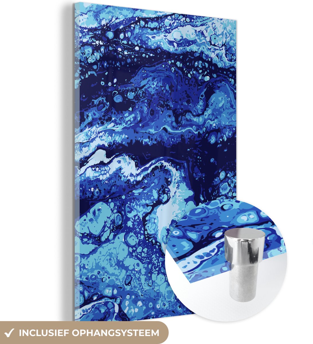 ® Glasschilderij 120x180 cm - Schilderij acrylglas - Marmer - Blauw - Waterverf - Foto op glas - Muurdecoratie woonkamer - Wanddecoratie slaapkamer - Schilderijen