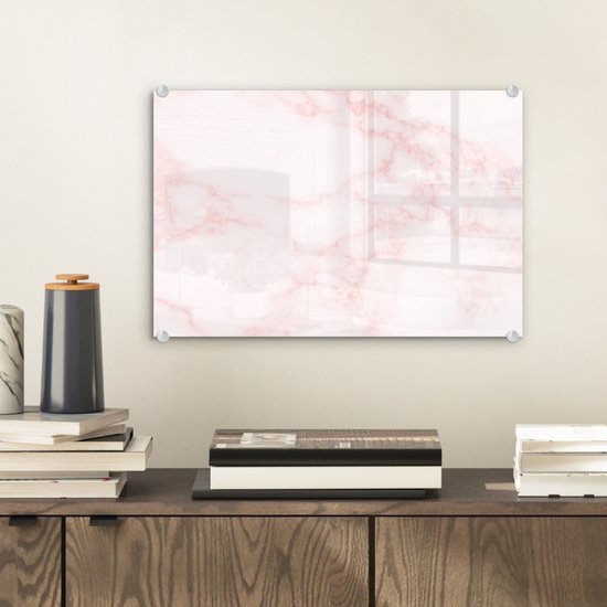 MuchoWow® Glasschilderij 30x20 cm - Schilderij acrylglas - Marmer - Textuur - Roze - Chic - Foto op glas - Schilderijen