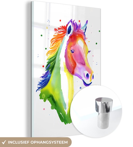 MuchoWow® Peinture sur verre 40x60 cm - Peinture sur verre acrylique - Cheval - Arc-en-ciel - Wit - Filles - Enfants - Meiden - Photo sur verre - Peintures